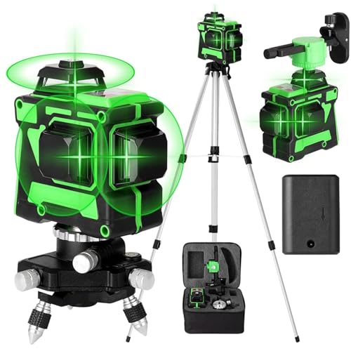 Nivel Láser Autonivelante 3° 3 x 360 Nivel Laser Verde Cruzada 12 líneas 3D Nivelador Láser Herramienta de Nivel de Autonivelación Vertical Horizontal con 1 Baterías y Trípode