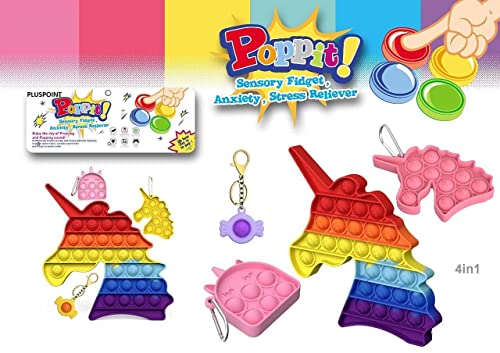Image of PLUSPOINT Unicorn Shape Pop it 4pc Set Pop Fidget Toy with Unicorn Keychain Push Bubble Fidget Sensory Toy for Kids and Adults, Popper popit (Unicorn +3 Pc)