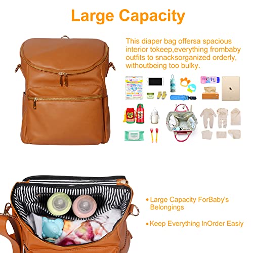 Image of Minsong Diaper Bag Backpack,Fashion Leather Mommy Backpacks,Travel Toddler Baby Diaper Bags with in Bag Organizer and Changing Pad (Brown)