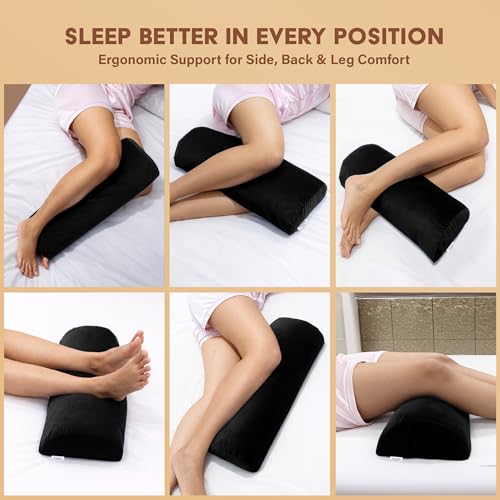 Image of Orthopaedic Leg Support Memory Foam Half Moon Bolster Black - (2 Year Warranty) Knee Pain Relief for Side Sleepers, Back Alignment Roll for Office Sitting, Washable Velvet Cover Pillow