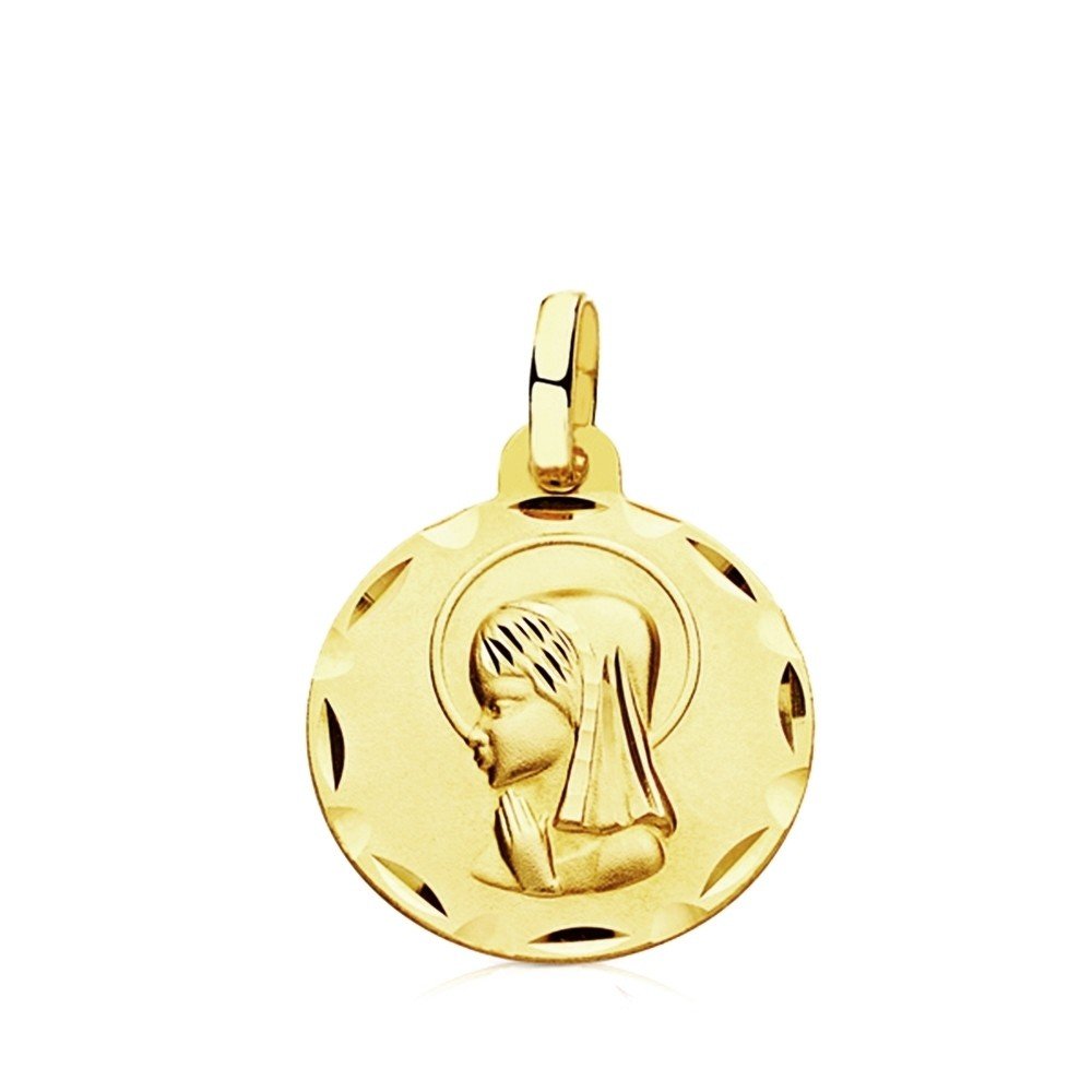 Medalla oro 9k Virgen Niña 14mm. colgante liso cerco detalles calados