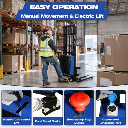 Image of BILT HARD Semi-Electric Pallet Stacker Material Lift, 3300 lbs Capacity, 118 inch Lift Height, Walkie Stacker with Adjustable Forks and Straddle Legs for Material Handling
