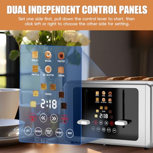 Image of Touch screen Toaster 4 slice,Smart Digital Timer Toasters with Sound&Screen-Off Function, 6 Bread Types & 6 Shade Settings, 1.5''Extra Wide Slots Toast with Bagel, Defrost,White