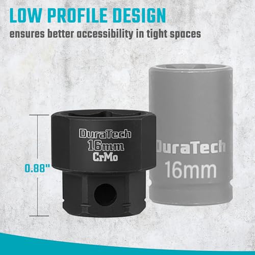 Image of DURATECH 10-Piece 3 /8 inch Drive Stubby Impact Socket Set for Narrow Spaces | 10mm-19mm, Metric, Cr-Mo Steel, Size Markings, Organized in Magnetic Storage Rail, for Tight Spaces, Automotive Repairs