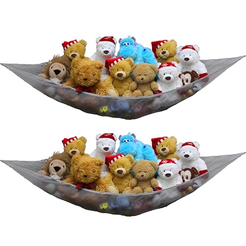 Image of Simple Houseware 2 Pack Stuffed Animal Toy Hammock Net, Corner Wall Storage for Kids Room, Gray