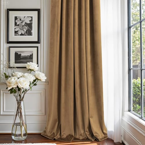 Image of 90 Inch Long Curtains Velvet Gold Brown Modern Farmhouse Thermal Curtain for Summer Heat Vintage Boho Rustic Neutral Elegant Fall Drape for Bedroom Dining Room Darkening Mid Century Decor 2 Panels Set