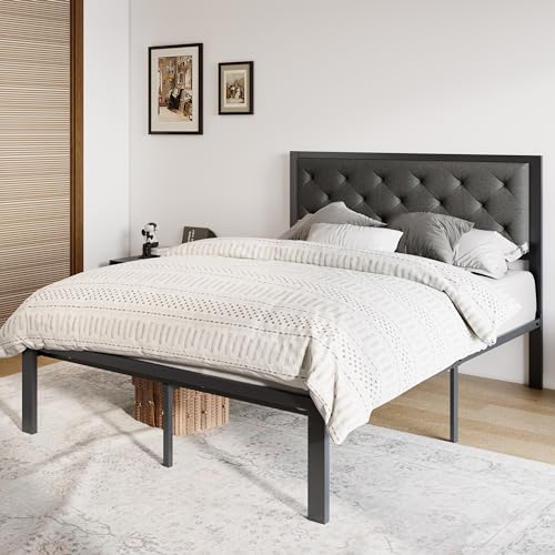 Image of Allewie Full Bed Frame with Upholstered Headboard, Chic Diamond Stitched Tufted Design, No Box Spring Needed, Dark Grey