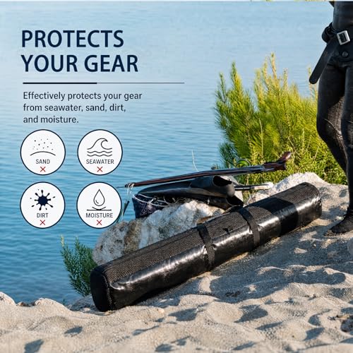 Bolsa impermeable Riakrum de 64 pulgadas para fusil de pesca submarina, con diseño enrollable, PVC resistente, ventilación de malla, correa de hombro y almacenamiento con cierre miniatura 2