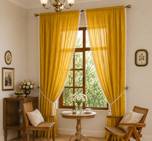 Image of THE LINEN COMPANY Sheer Curtains Cotton Curtains with Pom Pom Lace Rod Pocket Window Curtains Light Filtering Transparent Net Curtains for Window Curtains Mustard 7 Ft Pack of 2