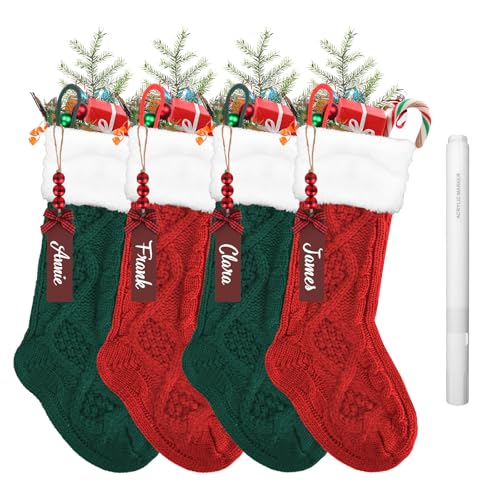 QBEJIME Christmas Stockings Set Of 4, Hanging Large Christmas Stocking, 18 Inch Knitted Xmas Stockings Decorations With Name Tags Marker Pen For Family Holiday Xmas Party Decorations (Red +Green)