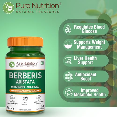 Image of Pure Nutrition Berberis Aristata Supplement | 95% Berberine and Milk Thistle | Berberine for Weight Loss Supports Liver Health & Antioxidant | Herbal Formula for Detox Liver & Metabolic Wellness - 60 Veg Capsules