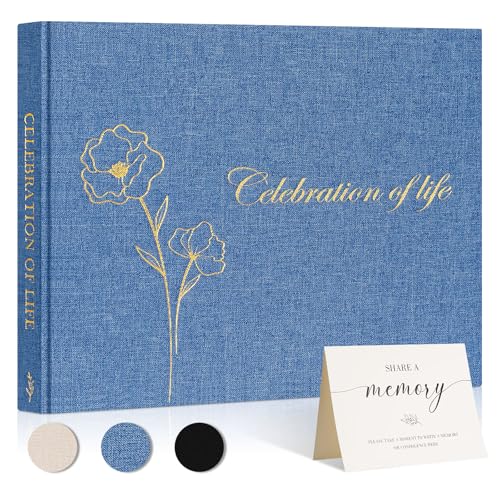 Lanpn Funeral Guest Book for Celebration of Life, Linen Memorial Service Registry Guest Book, Funeral Favors Sign in Books for Guests, Memory Book for Funeral with Memory Table Sign, Blue
