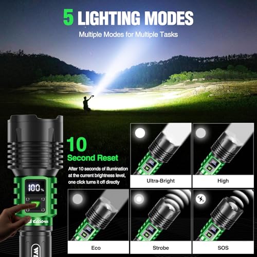 WdtPro Rechargeable LED Flashlights High Lumens, Super Bright 90000LM Rechargeable Flashlight with LCD Display, 5 Modes & Waterproof Powerful Handheld Flashlight for Camping Emergency Green - Image 6