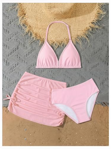 Image of RoseSeek Girl's 3 Piece Cute Bowknot Bathing Suit Halter Triangle High Waisted Swimsuit with Beach Cover Up Skirt
