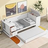 Merax Twin Size Daybed with Trundle, Storage Arms and Charging Station, White Wood Bed Frame for Bedroom