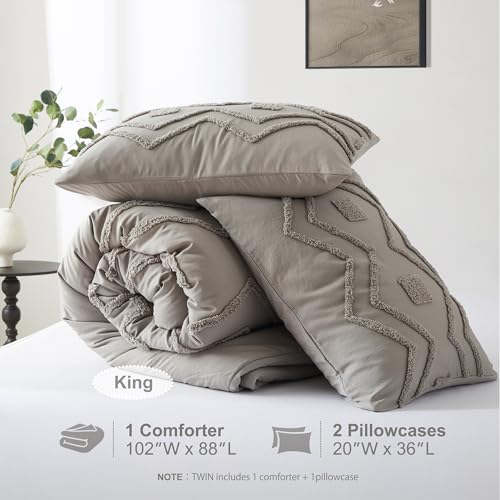 Image of Oli Anderson Boho Tufted Comforter Set King Size, 3 Pcs Soft Jacquard Bedding Set for All Seasons, Shabby Chic Farmhouse Bedding Set with Comforters for All Seasons (Grey, King)