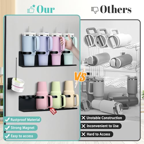 Image of Magnetic Cup Holder for Fridge,8 Cups Water Bottle Organizer for Stanley 30 40 oz with Tumbler Lid Organizer,High Capacity Heavy Duty Kitchen Storage Rack Accessories