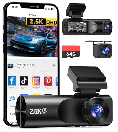 TUIFAC 3 Channel Dash Cam, 2.5K Dash Camera Front and Dual 1080P Inside/Rear with 64GB Card, Wi-Fi Dash Cam Front and Rear, Night Vision, G-Sensor, 24H Parking, Loop Recording, 1.97”IPS, Support 256GB