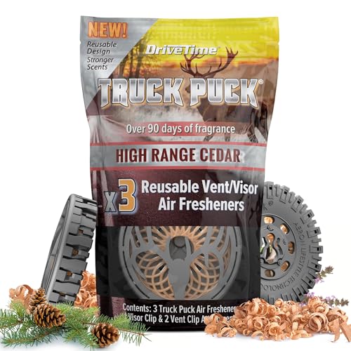 Image of Drive Time Truck Puck High Range Cedar Fragrancee Car Air Freshener - Long-Lasting Car Deodorizer, Refillable Vent & Visor Clip Auto Air Freshener for Car, Truck & SUV, Premium Fragrance, Pack of 3