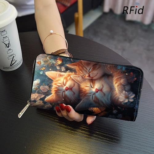 Image of RFID Blocking Leather Wallet for Women - Large Capacity Zip Around Clutch with 8 Card Slots,16 Cash Pockets & Coin Zipper,Cat and Butterfly