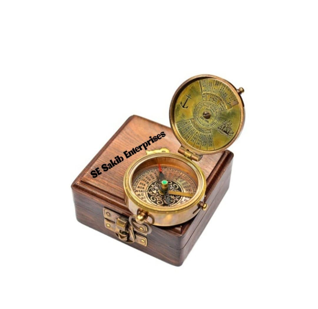 Thoreau Go Confidently 2'' Antique Brass Personalized Compass with Wooden Box (Black Antique)-image-48