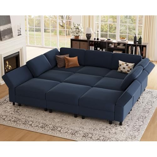Belffin 88.6" 9 Seat Modular Sectional Sofa,Comfy Couch with Deep Storage Seat,Convertible Modular Sleeper Sofa with Movable Ottoman Chaise,Upholstered Sectional Couches for Living Room,Blue