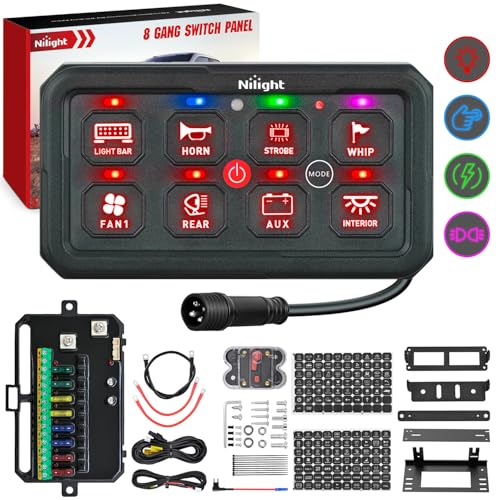 Nilight 8 Gang Switch Panel Red Circuit Control Relay System with Fuse Wiring Harness Toggle Momentary Strobe Flash Modes Automatic Dimmable ON Off Pod 12V 24V for Car Truck Camper SUV