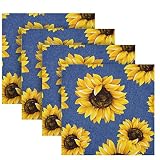 Cloth Napkins for Dinner Table - Yellow Sunflower Blue Pattern Washable Napkins Set of 4 Reusable Di