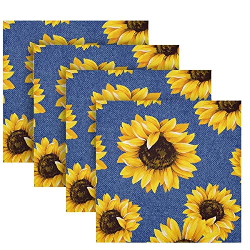 Cloth Napkins For Dinner Table - Yellow Sunflower Blue Pattern Washable Napkins Set Of 4 Reusable Dinner Napkin For Restaurant Party Decoration 20X20In #TOP16