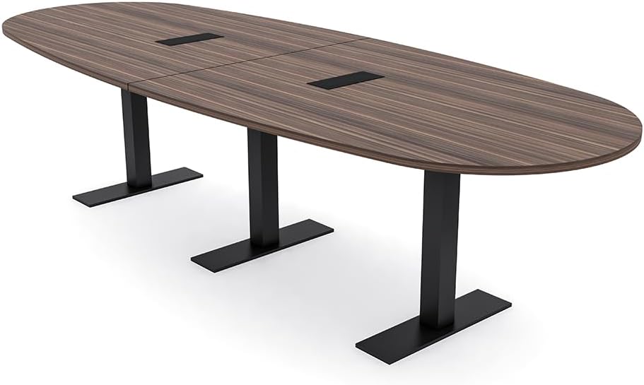 10 Person Conference Table with Power & Data | Matte Black Square Metal T- Bases | Modular Boat Oval Meeting Table | Harmony Series | Scratch-Resistant Thermally-Fused Laminate | Natural Eucalyptus -