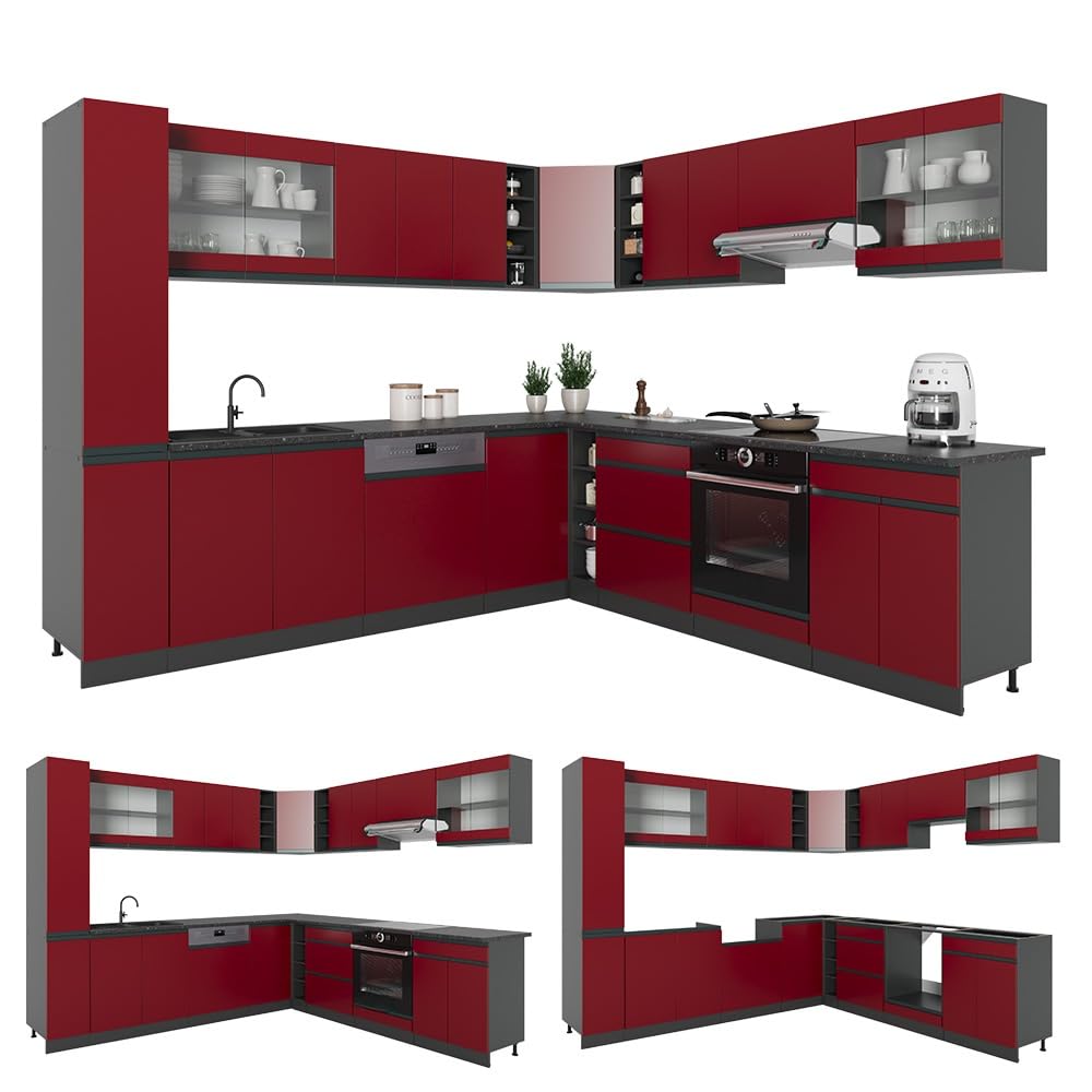 Vicco Cucina angolare completa R-Line, Rosso/Antracite, 277 x 257 cm
