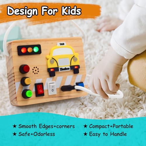 Image of Montessori Busy Board Wooden Sensory Toys with LED Light Up Switch Travel Toys for 1+ Year Old Toddler Baby Boys Girls Gifts (Taxi Busy Board)