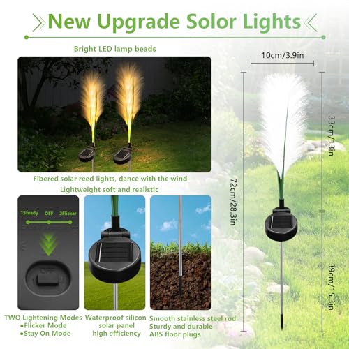 AGOTD Zewnętrzne lampy solarne do ogrodu, trzciny, 2 sztuki, zewnętrzne lampy solarne ze światłem, wodoodporne dekoracje ogrodowe, dekoracja solarna na ścieżki, taras, patio, chodnik, balkon, grudzień