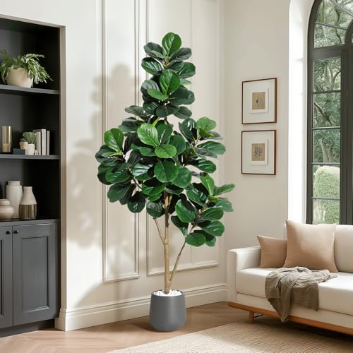 6 ft Fiddle Leaf Fig Tree Artificial with 108 Leaves - Realistic Faux Ficus Lyrata Trees in 9 in Grey Planter Pot, Indoor Fake Floor Plants for Home O