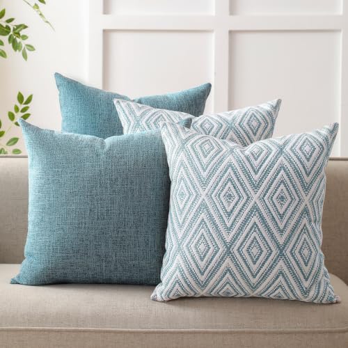 HPUK Throw Pillow Covers 18x18 Inch Set of 4, Blue Linen Decorative Pillow Covers, Accent Cushion Covers for Couch Sofa Bed Bedroom Living Room Décor