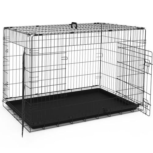 VOUNOT® Gabbia per Cani Pieghevole in Metallo, Cassetta per Trasporto Scatola Trasportino Cani con 2 Porte, Vassoio Rimovibile, 122x75x81cm, Nero