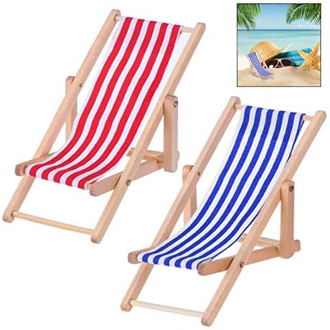 iwobi 2 Pcs Mini Foldable Wooden Beach Chair,Miniature Deco Beach Chair,Doll Lounge Chair with Red/Blue Stripe Cover