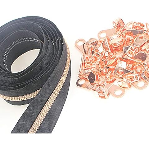 No.5 Nylon Coil Zippers by The Yards Rose Gold Metallic Teeth Black Tape with 25 PCS Zipper Sliders DIY Zippers for Sewing Tailor Craft Bag(Rose Gold Black) SHUNLI Cover