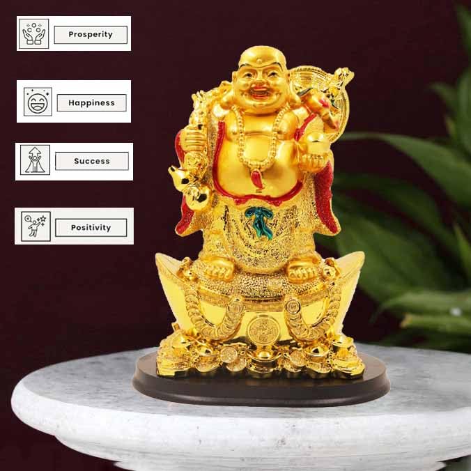 Image of Spillbox Resin Golden Happy man Statue|Laughing Buddha|Feng Shui|Show Piece|Gift Item |Vastu|Decorative Showpiece for Home Decor|Office Desk Table (Happy Man Boat)
