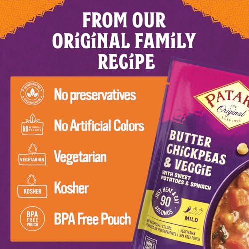 Image of Patak's Butter Chickpeas & Veggies - Vegetarian Ready to Eat Meal - Mild Indian Curry w /Chickpeas, Spinach & Veggies - Microwave Meal for Quick Dinners - Serve with Rice or Naan - 10.5oz (Pack of 6)