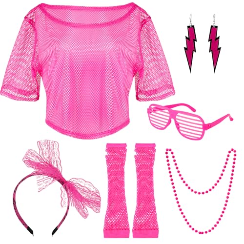 Kaisibum 80er Jahre Outfit Damen Set, 90er 80er Jahre Accessoires Jahre Workout Kostüm mit 80er Neon Netz Shirt Netzhandschuhe Stirnband Brille...