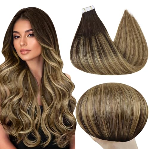Image of Full Shine Tape in Hair Extensions, 16 Inch Dark Brown Honey Blonde | 50g 20PCS, Invisible Remy Tape in Human Hair Extensions, Seamless Straight Finish Soft Remy Texture for Party Wear