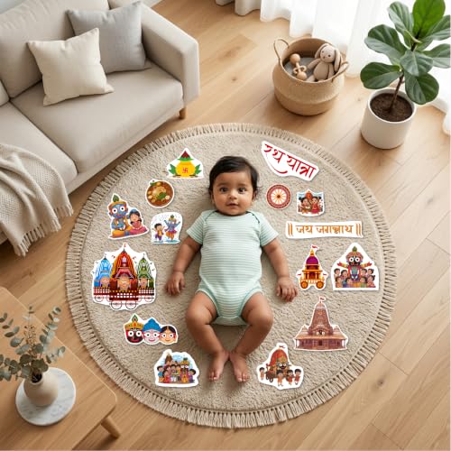 Image of Rath Yatra Theme Baby Photoshoot Props | Premium 250 GSM Card Paper Cutouts | 15+ Colorful Cartoon Chariot, Temple | Hindu Festival Decor for Newborns & Kids