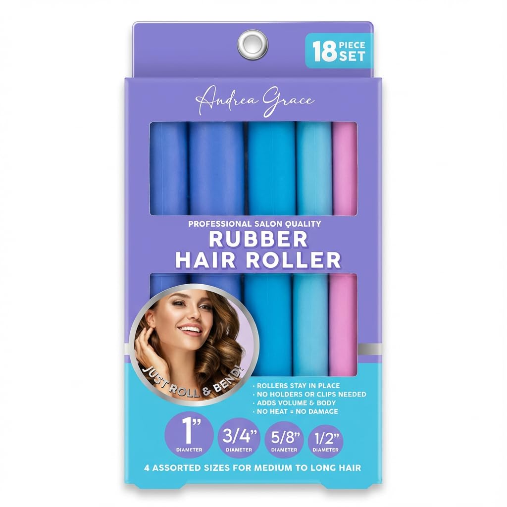Andrea Grace Flexi Rods Foam Hair Rollers - 18 Flexi Rods -1/2" 5/8" 3/4" 1" Diameter- Professional Salon Quality Rubber Hair Rollers for Long, Medium, Short Hair, Hair Curlers to Sleep in for Women