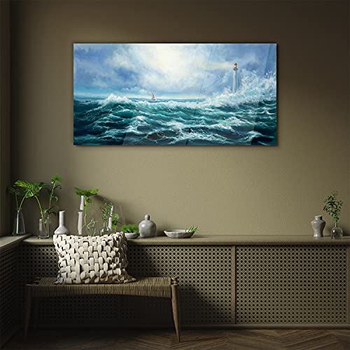 Tableau en verre acrylique 100x50cm avec impression HD de phare dans la tempête