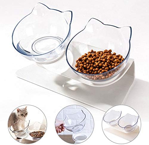 15°Tilted Platform Double Bowl Cat Feeder,Raised Cat Food and Water Bowls with Stand No Spill,Reduce Pets Neck Pain for Cats and Small Dogs (Transparent)