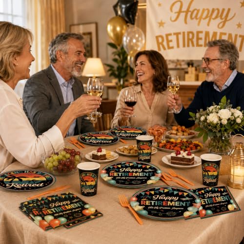 Image of Qyeahkj 100 Pcs Retirement Party Plates and Napkins Set Happy Retired Birthday Party Decorations Supplies Paper Dessert Tableware Vintage Farewell Themed Favors for Birthday Decorations Serves 25