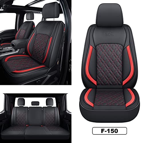 Image of LUCKYMAN CLUB F150 Full-Set Seat Covers J03-Q3 with Waterproof Faux Leather, Fit 2015-2025 Ford F150 and 2017-2025 F250 F350 F450 (Full Set, Black-Red)