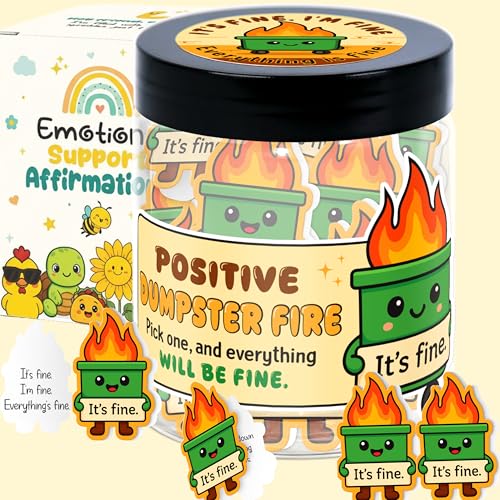 Emotional Support Dumpster Fire Affirmation Jar for Women, Teens, Coworkers, Employees – Funny Christmas Stress Relief Gift – 60 Positive Cards – Office Humor, Self-Care, Stocking Stuffer