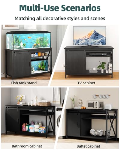 Image of Aquarium Stand for Fish Tank: 40-50 Gallon Fish Tank Stand with Sliding Door - Heavy Duty Metal Aquarium Table with Power Outlet - 2-Tier Breeder Turtle Reptile Terrarium Stand for Home & Office